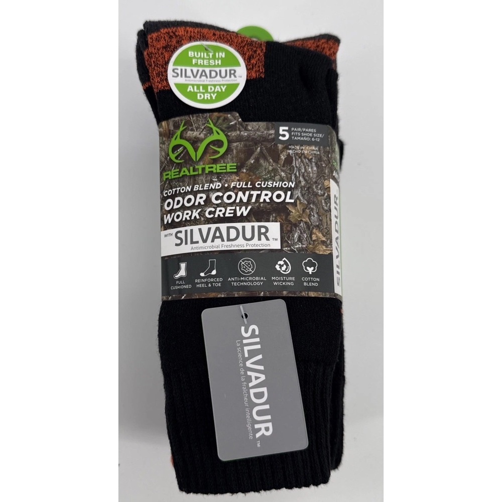 Realtree Mens 5 Pack Odor Control Work Crew Socks Black Grey Shoe Size 6-12 NEW